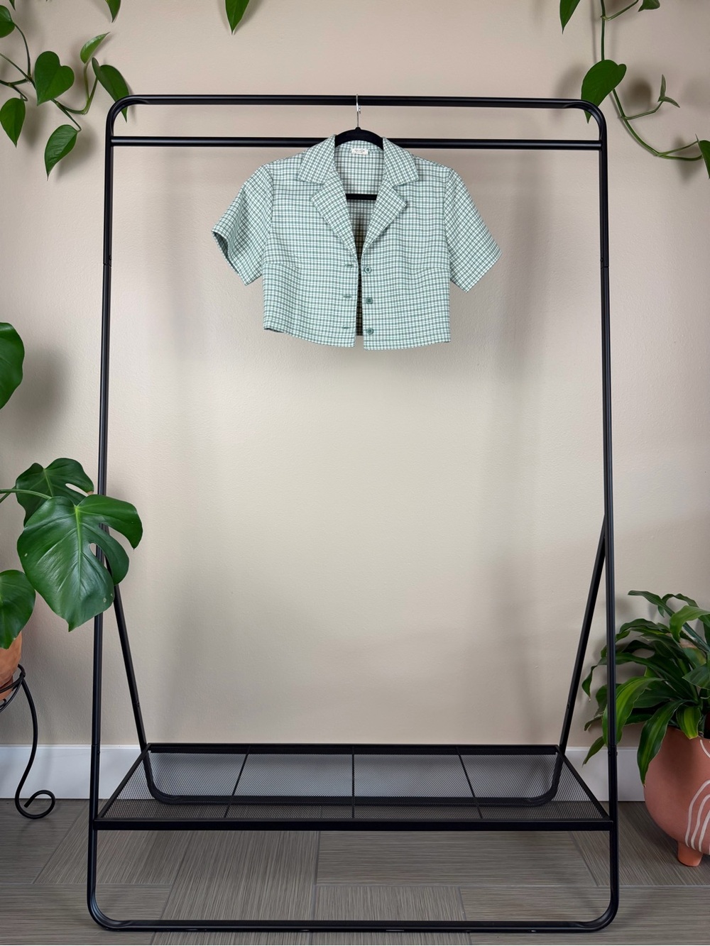 Mint Green Gingham Cropped Button-Up